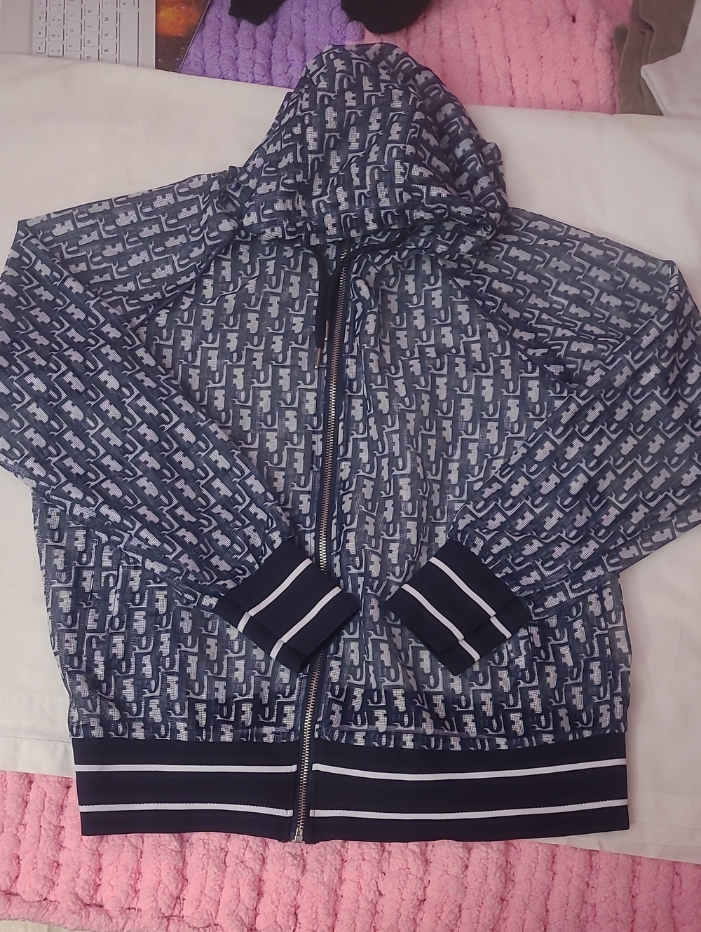 Dior Navy Patterned Hooded Mesh Jacket